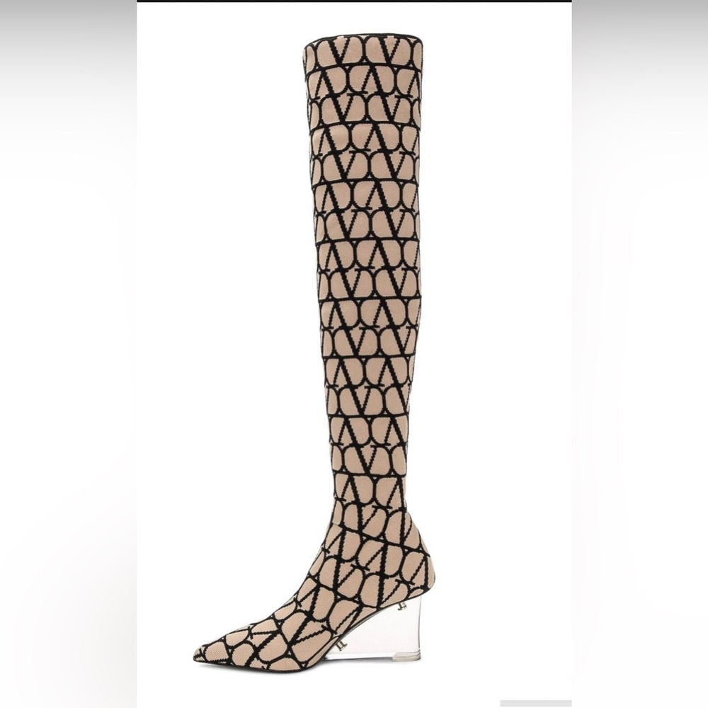 Valentino Garavani Black and Cream Over the Knee Boots 37.5